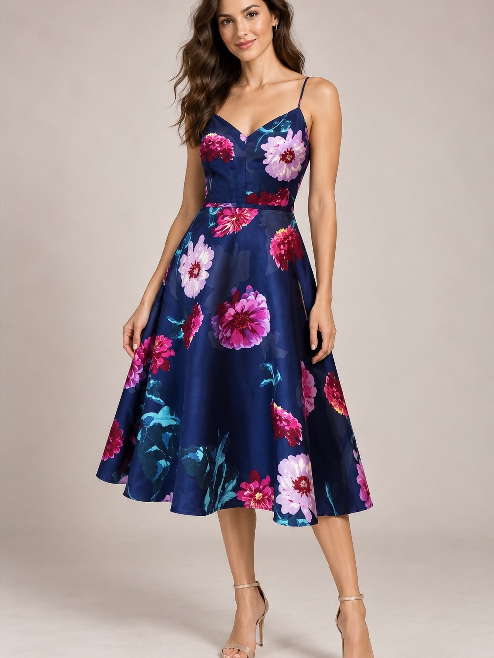 Banana Republic Navy Floral Midi Dress with Pink & Magenta Blooms
